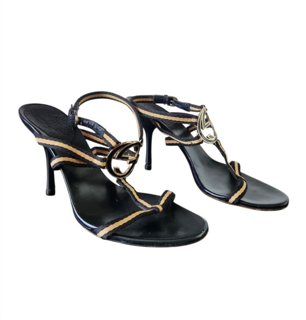 Gucci Black Beige Interlocking G Strappy Sandals Stiletto Heels Size 7 B Italy